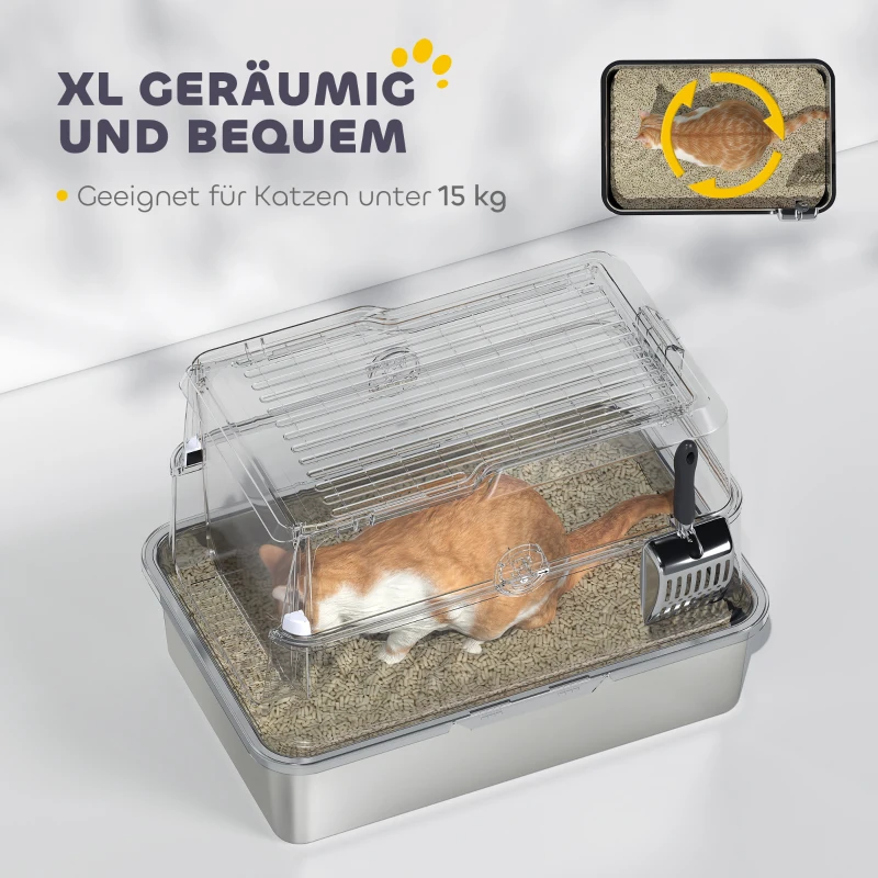 PawHut Kattenbak, roestvrij staal, XL-interieur, met schep, lichtgrijs(m-5)