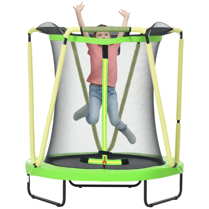 ZONEKIZ Trampolino Elastico per Bambini 3-10 Anni con Rete di Sicurezza, Canestro e Palle, Ø140x155cm, Verde
