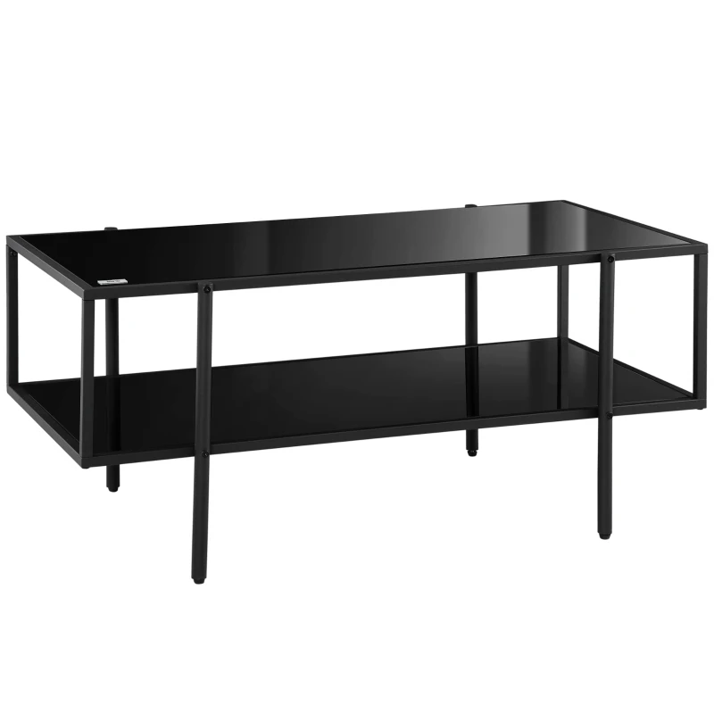 HOMCOM Glass Coffee Table, Centre Table with 2-Tier Storage Shelf and Steel Frame, Coffee Tables for Living Room, Black