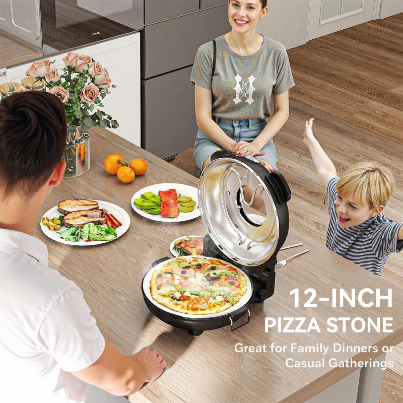 HOMCOM Elektrische Pizzaoven 430 ℃, 1200 Watt Pizzabakker met 30 cm Steenplaat, Timer, Zichtvenster, Roestvrij staal Zwart(m-6)