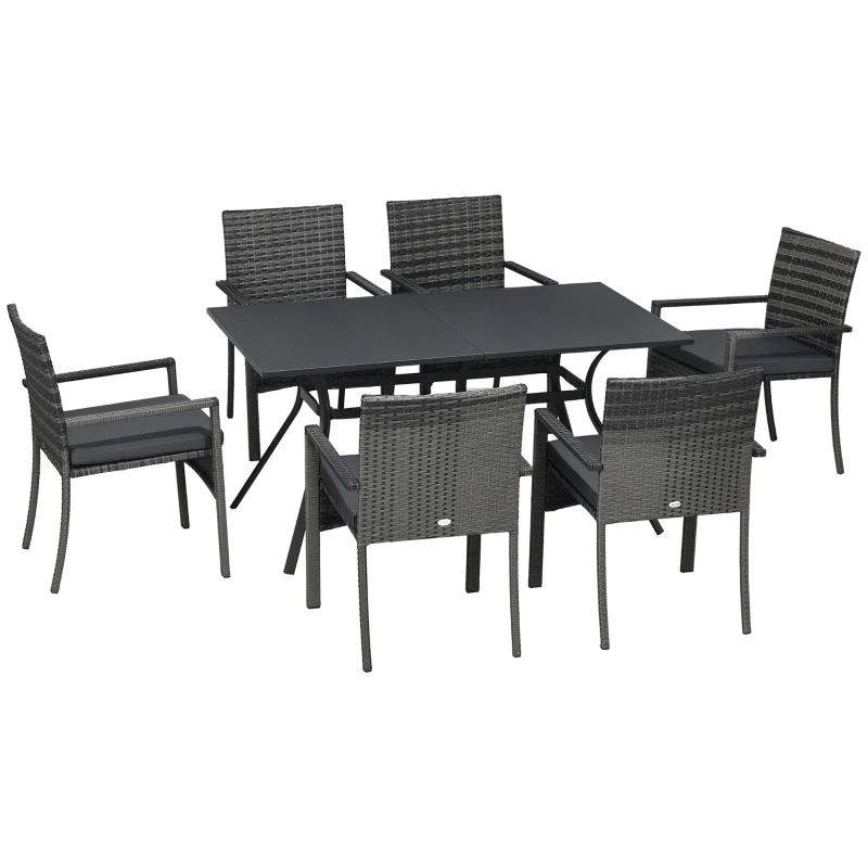 Outsunny Conjunto de Refeição de Jardim em Vime Sintético Conjunto de 7 Peças Inclui 6 Cadeiras com Almofadas e Mesa de Metal Cinza