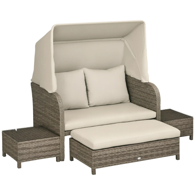 Outsunny Ensemble salon de jardin 4 pièces canapé 2 places + 1 repose-pieds + 2 table basse avec coussins beige marron