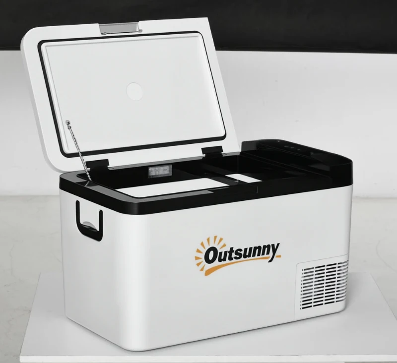 Outsunny Geleira Elétrica de Compressor 25L Portátil até -20℃ com Luz LED e Alças Dobráveis Geleira de Carro 12V/24V e 240V para Casa Campismo Viagem 58,5x33,5x35,2cm Branco