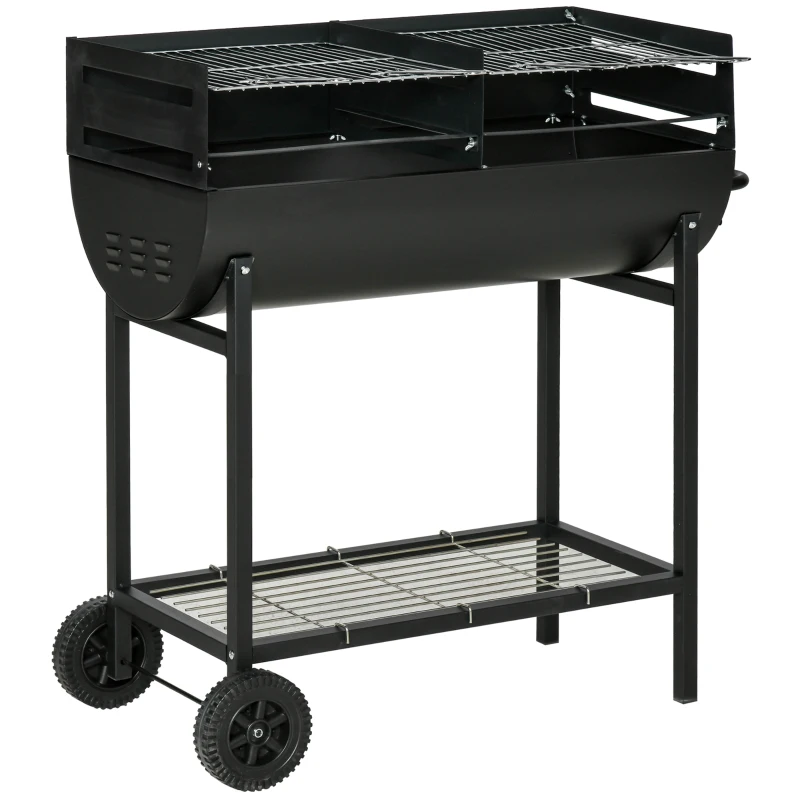 Outsunny Barbecue en Acier avec 2 Grilles Indépendantes, 2 Roues et Etagère Inférieure | Noir | 90cm x 45cm x 96cm