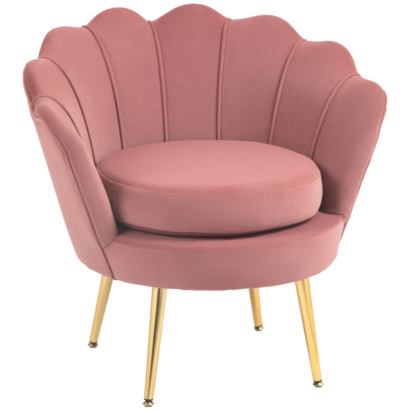 HOMCOM Butaca Tapizada en Terciopelo Butaca de Dormitorio con Respaldo en Forma de Concha y Patas Doradas 76x67x74 cm Rosa