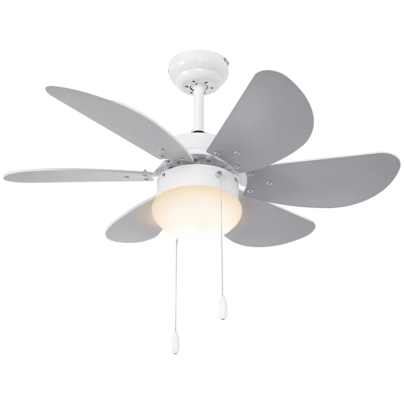 HOMCOM Ventilator de Tavan cu Lumină, Ventilator cu Montaj Incastrat, 6 Palete Reversibile și Întrerupător cu Lanț, Ø76x41.5 cm, Gri