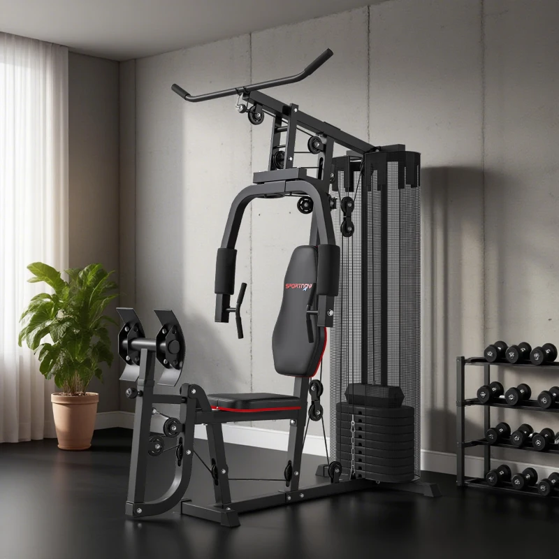 SPORTNOW Heim-Fitnessstation mit 45 kg Gewichtsblöcken, Hochseilzug, Bruststation, Beinpresse für vielseitiges Training(m-8)
