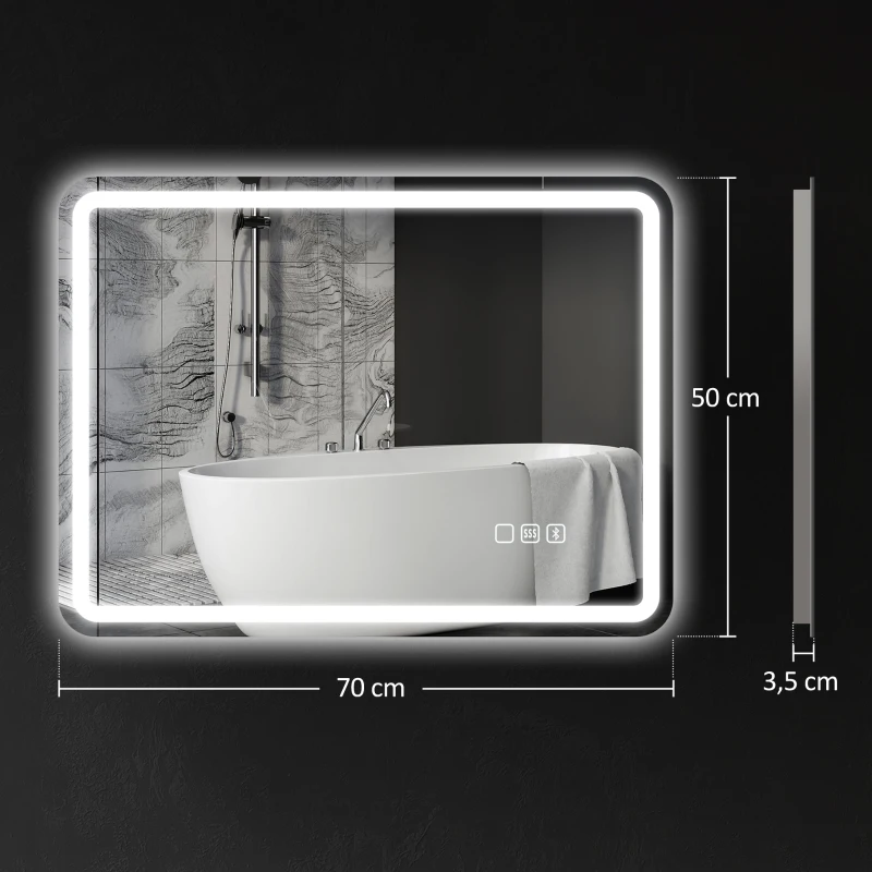 HOMCOM Miroir de salle de bains avec éclairage LED, Pad anti-buée, 3 couleurs réglables, 700 x 900 mm, Argent