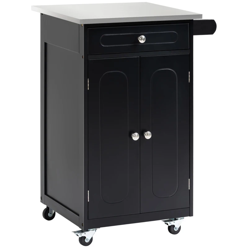 HOMCOM Chariot de service desserte de cuisine à roulettes multi-rangements 1 tiroir placard 2 portes avec étagère porte-torchons MDF noir acier inoxydable