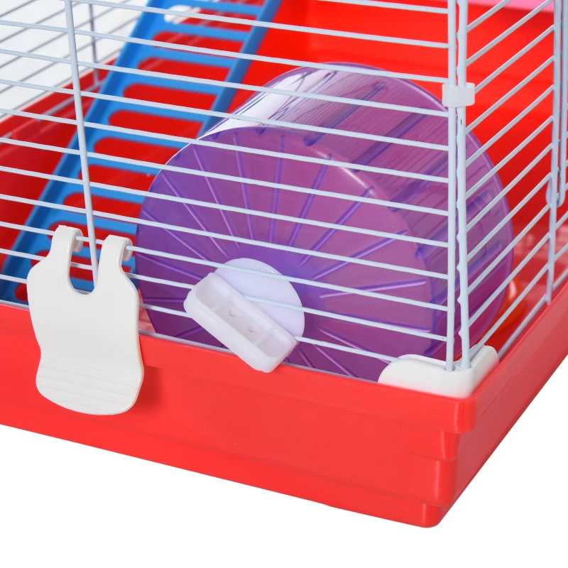 PawHut Cage pour Hamsters à 2 Niveaux en Métal et PP avec Maisonnette, Réservoir d'Eau et Roue, 47x30x27 cm