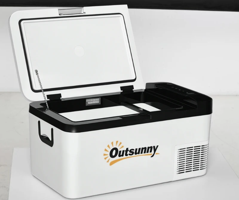 Outsunny Geleira com Compressor 18L Portátil até -20℃ com Luz LED e Alças Dobráveis Geleira de Carro 12V/24V e 240V para Casa Campismo Viagem 58,5x33,5x29,2cm Branco