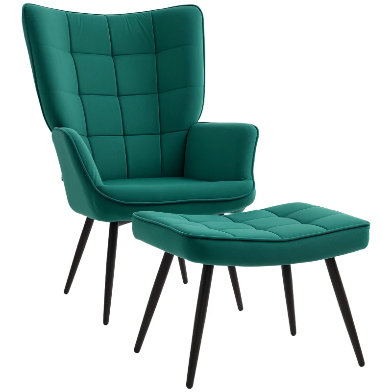 HOMCOM Fauteuil relax avec repose-pieds assorti style scandinave piètement métal noir revêtement aspect velours - Vert
