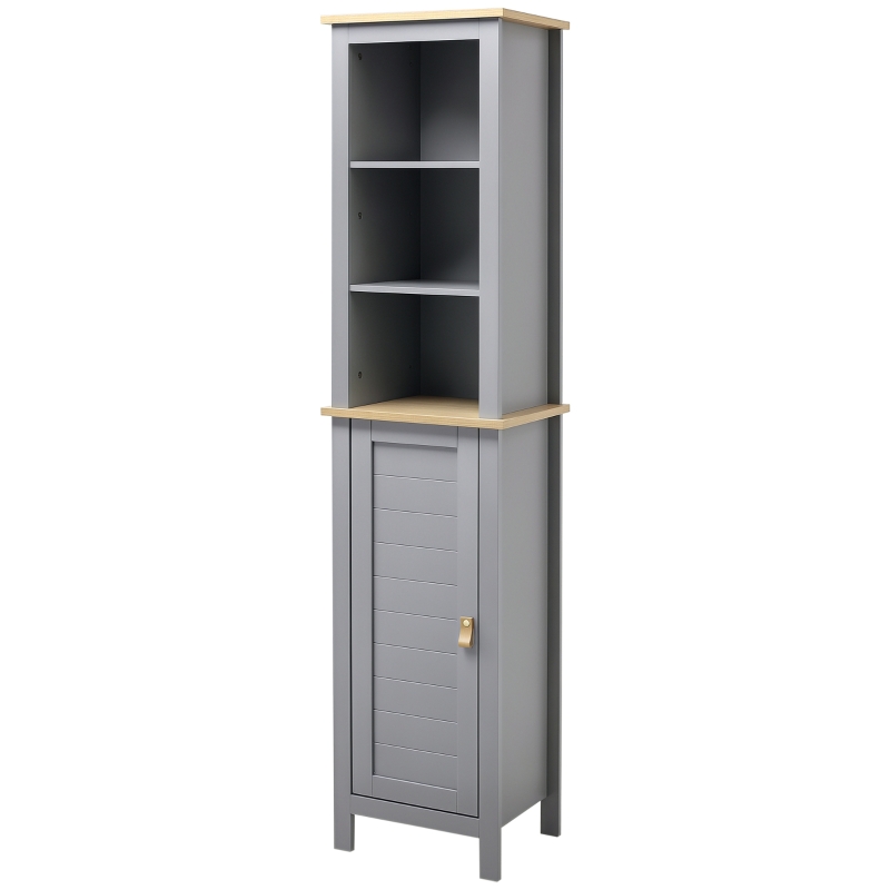 kleankin Armario Alto de Baño Moderno Mueble Columna de Baño con 1 Puerta Estante Ajustable y 3 Compartimentos 39x30x168 cm Gris