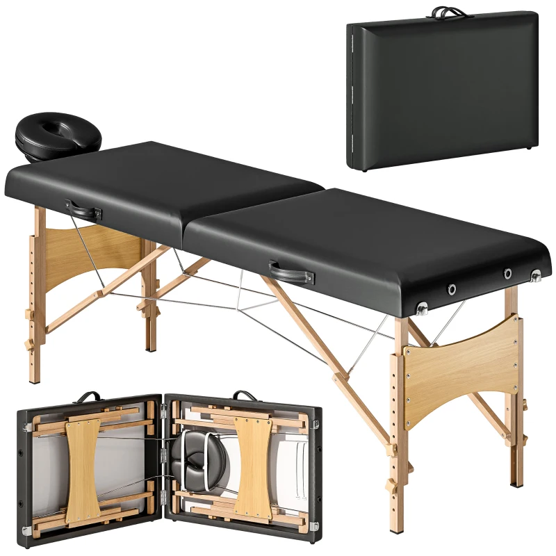 HOMCOM Table de Massage Réglable en Hauteur, Structure en Bois, Lit de Massage Pliable, Rembourrage en Mousse, Noir