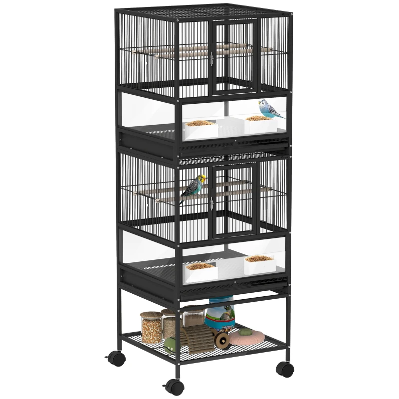 PawHut Gaiola para Pássaros de 2 Níveis com Rodas Painéis Acrílicos Comedouros Prateleira Bandejas Amovíveis  48x46x134,5 cm Preto