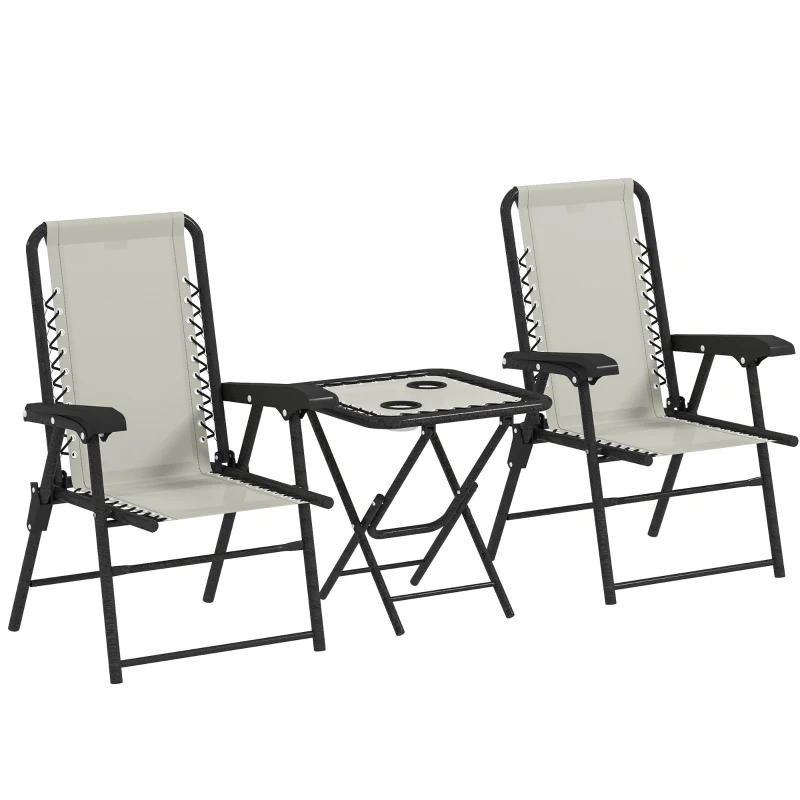 Outsunny Conjunto de Mesa e Cadeiras de Jardim Móveis de Exterior Dobrável com Estrutura de Aço e Suporte para Copos Creme
