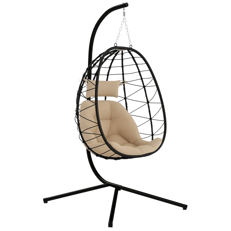 Outsunny Cadeira Suspensa com Suporte Baloiço Jardim com Cesto Dobrável Almofada e Apoio de Cabeça 98x95x198 cm Caqui