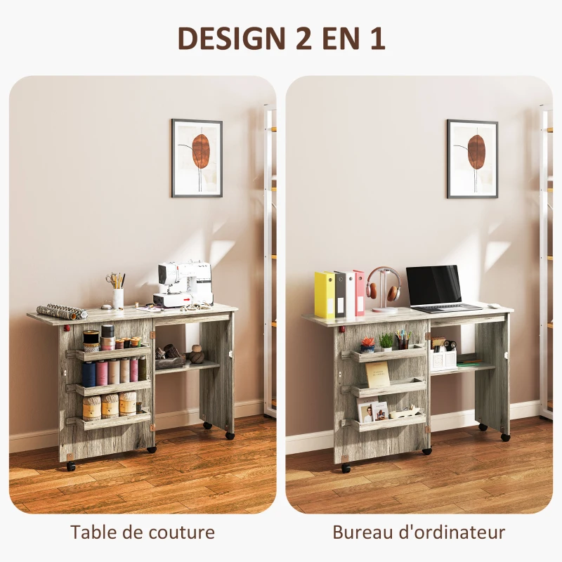 HOMCOM Table de couture pliante meuble couture à abattant avec bacs de rangement, étagère ouverte et roulettes effet bois grisé