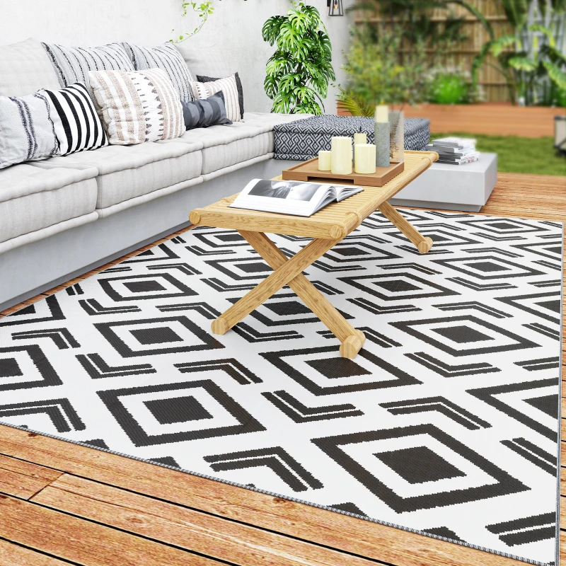 Outsunny Outdoor Teppich robuster Wetterfest Outdoorteppich mit Tragtasche, faltbar Carpet Boho-Style 182 x 274 cm Schwarz+Weiß
