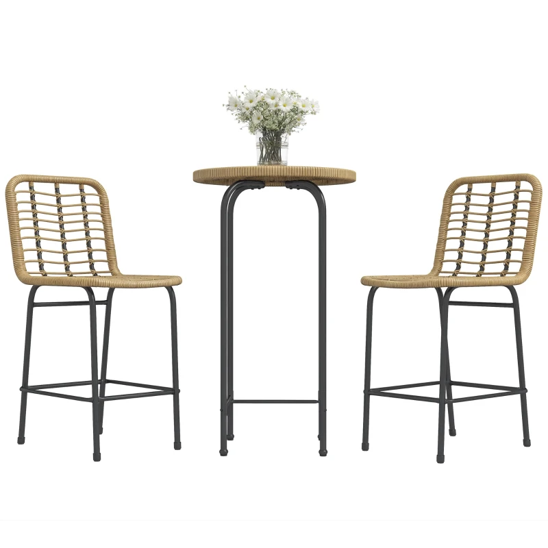 Outsunny Ensemble 3 pièces 1 table haute ronde design bohème + 2 tabourets ronds avec repose-pied en métal 2 personnes naturel