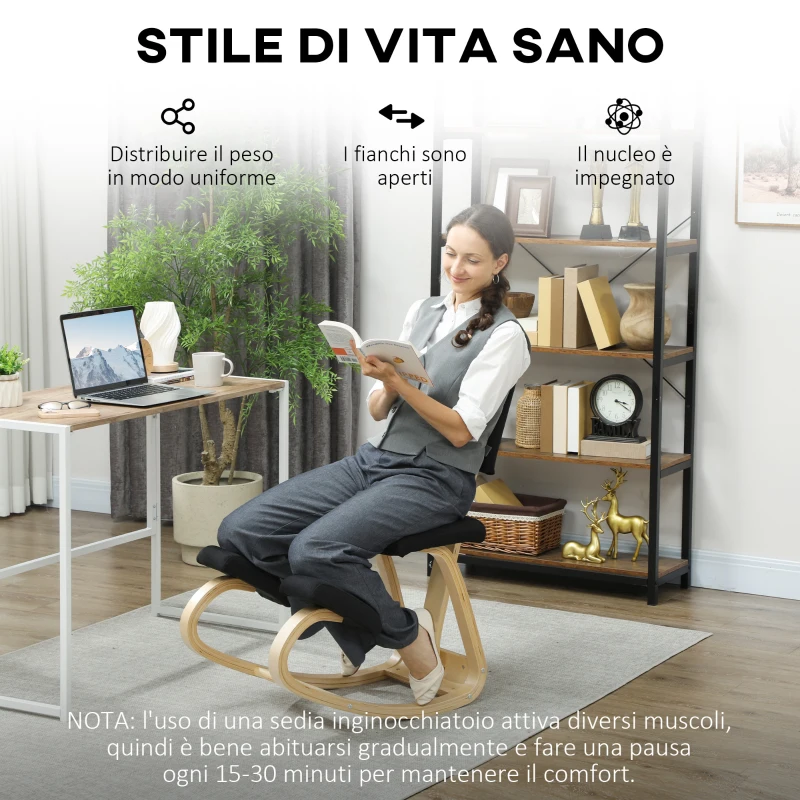 HOMCOM Sedia Inginocchiatoio Dondolante in Tessuto Effetto Lino e Legno di Betulla, 51x84x93 cm, Nero