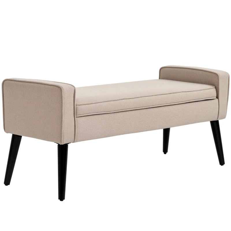 HOMCOM Banc de rangement, coffre de rangement avec assise rembourré, bout de lit en tissu aspect lin avec pieds effilés en bois, 120 x 45 x 54 cm, beige