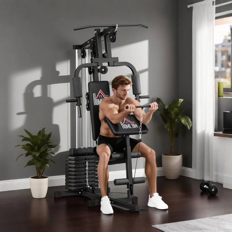 HOMCOM Stazione Fitness Multifunzione Power Tower con Pesi fino 45kg e Panca Imbottita, 135x103x210cm