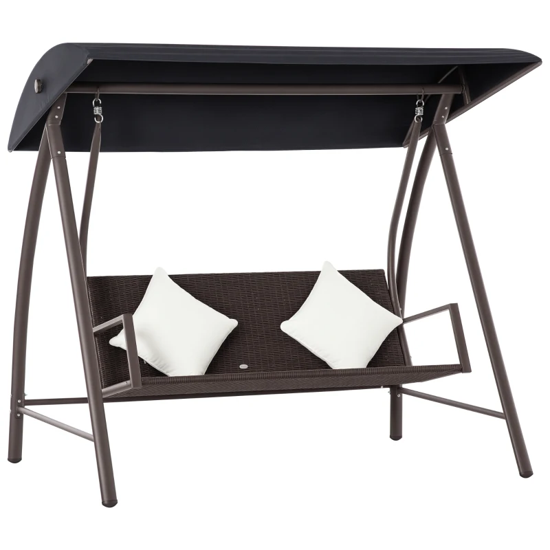 Outsunny Dondolo da Giardino 3 Posti in Rattan PE e Metallo con Cuscini e Tetto Parasole, 198x124x179cm, Marrone