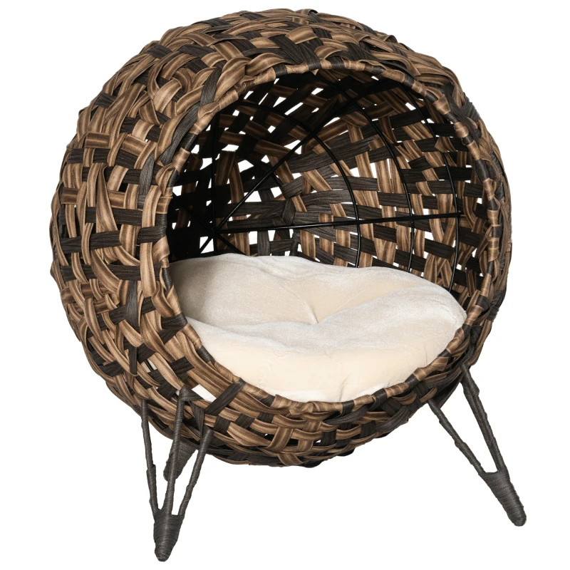 PawHut Panier chat lit surélevé chat cosy niche grotte grand confort dim. Ø 52 x 58H cm coussin moelleux beige inclus résine tressée imitation rotin marron