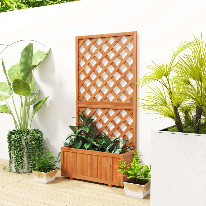 Outsunny Jardinera con Enrejado de Madera Macetero de Jardín con Soporte para Trepadora 72,5x31,5x149,5 cm Natural
