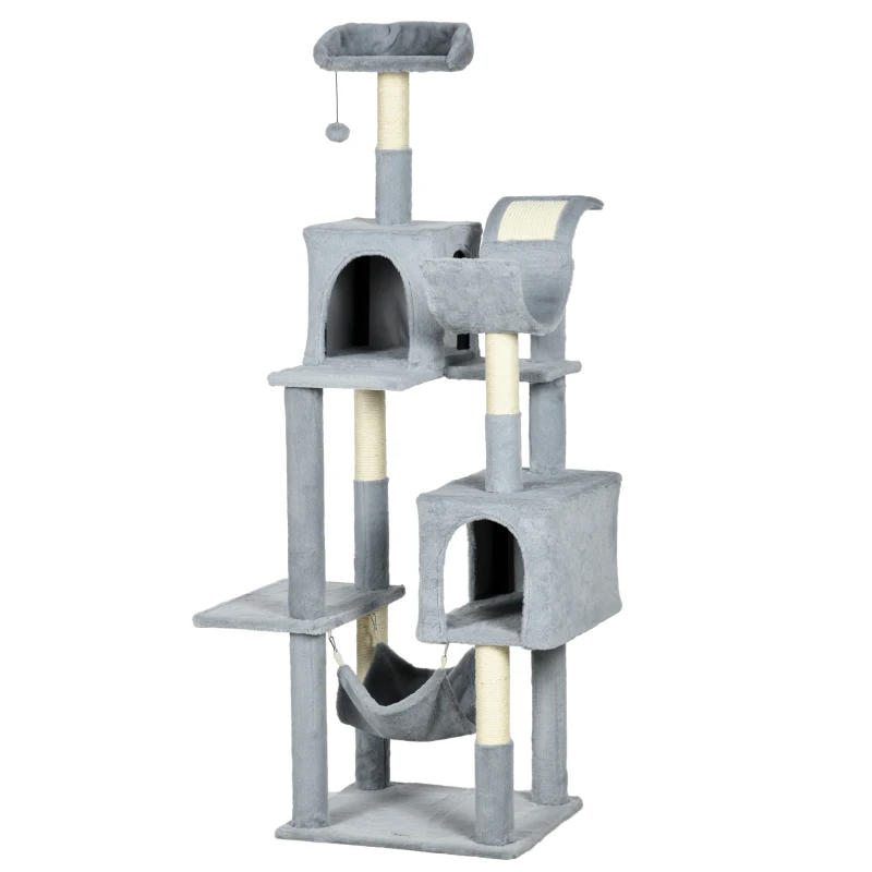 PawHut Copac pentru Pisici de Interior Turn de Catarat pentru Pisici Stalpi de Zgariat Covoare Hamac Perne Minge de Jucarie Gri accesorii animale feline sala de gimnastica pisoi lounge mobila sufragerie