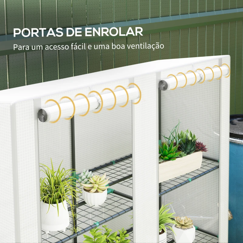 Outsunny Estufa de Exterior Pequena com 3 Prateleiras 2 Portas de Enrolar Capa de PE e Estrutura de Aço 144x48x152 cm Branco