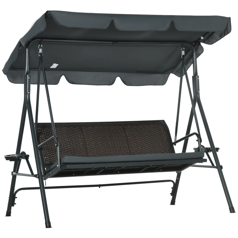 Outsunny Columpio de Jardín de 3 Plazas con Toldo Ajustable Portavasos y Bandejas Carga 320 kg 204x112x150 cm Gris