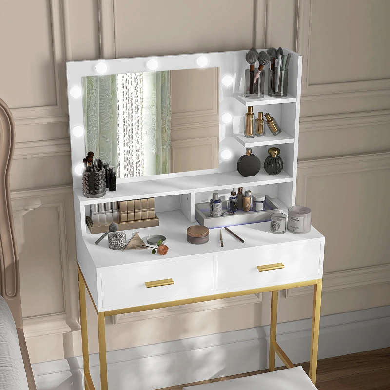 HOMCOM Mobile Coiffeuse avec Miroir, 2 Tiroirs, 5 Étagères et Tabouret, en MDF et Panneau de Particules, 80x40x138 cm, Blanc