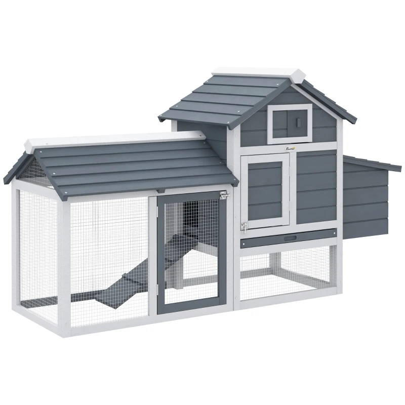 PawHut Jaula para Gallineras con 2 Corrales de Alambre Techo Abrible Caja Nido Bandeja Extraíble y Rampa 150,5x54x87 cm Gris