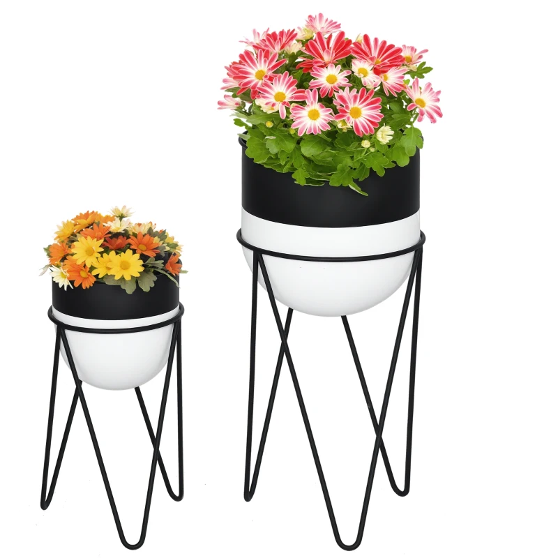 Outsunny Fioriera Set di 2 Pezzi con Supporto di Metallo per Arredamento Interni ed Esterni Nera
