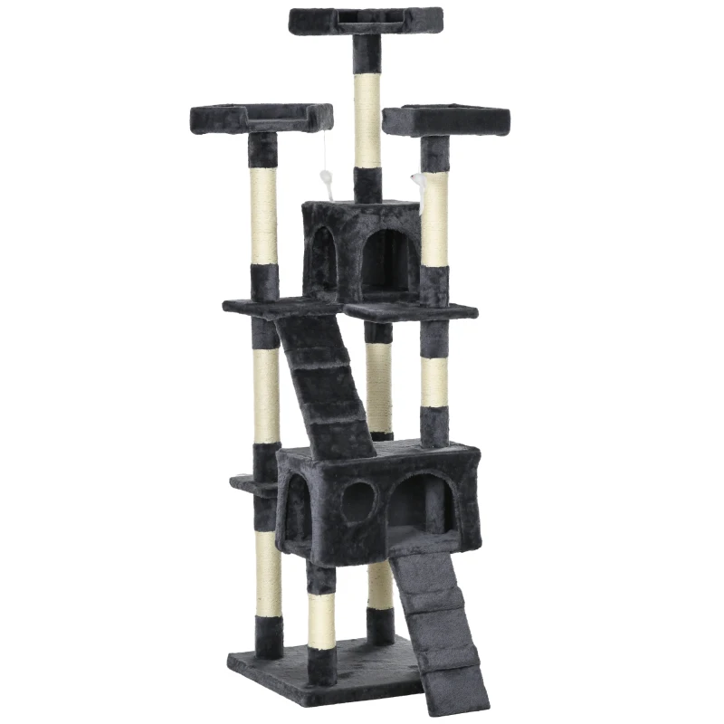 PawHut Árbol para Gatos Torre para Gatos con Nidos Escaleras Juguetes Colgantes y Postes de Sisal 49x49x173 cm Gris Oscuro