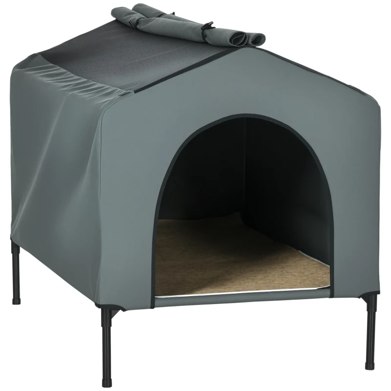PawHut Casa para Cães com Cobertura Exterior Cama Elevada com Almofada Acolchoada e Janelas de Malha 110x75x87 cm Cinza