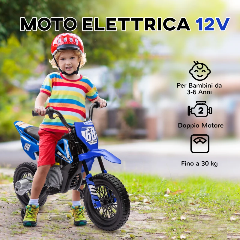 AIYAPLAY Moto Elettrica per Bambini con Rotelle Rimovibili, Sospensioni, Suoni e Indicatore di Carica, Blu
