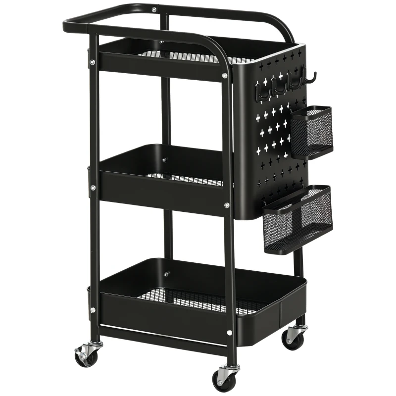 HOMCOM Desserte chariot de rangement pour bureau en métal chariot de service à roulettes 3 niveaux avec 2 range-couverts 4 crochets dim.51,5L x 32l x 75,6H cm - noir