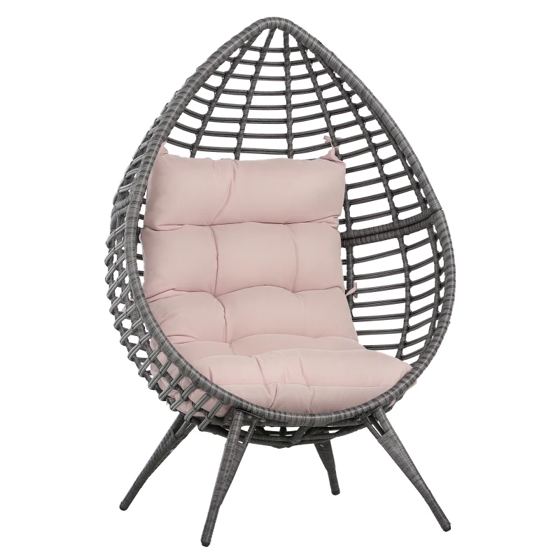 Outsunny Poltrona da Esterno in Rattan a Goccia Stile Boho con Cuscino, 101x89x156cm Grigio e Beige