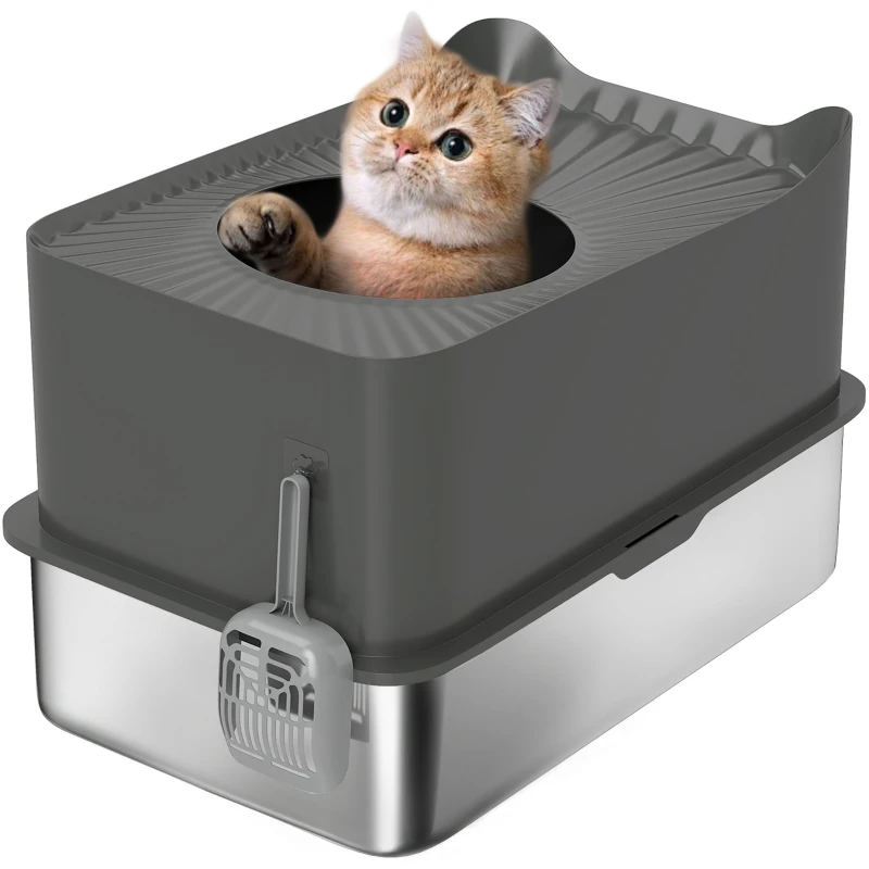 PawHut Stainless Steel Cat Litter Tray, Extra Large Enclosed Litter Box with Scoop, Top Entrance, Non-slip Pads, Dark Grey