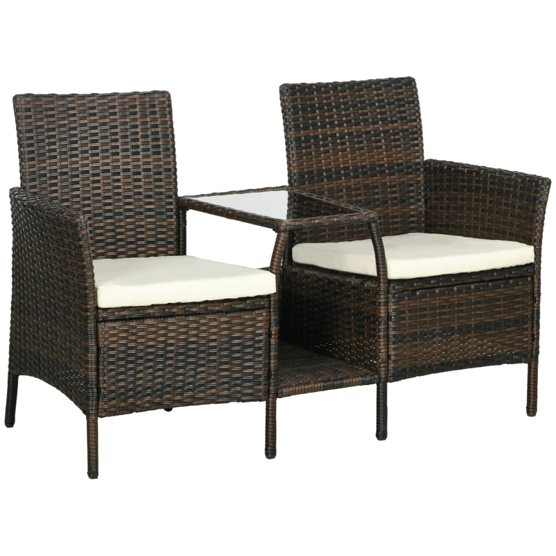 Outsunny Set de 2 Scaune din Ratan cu Măsuță de Ceai, Canapea pentru 2 Persoane pentru Exterior cu Perne, 38x60x87 cm, Maro