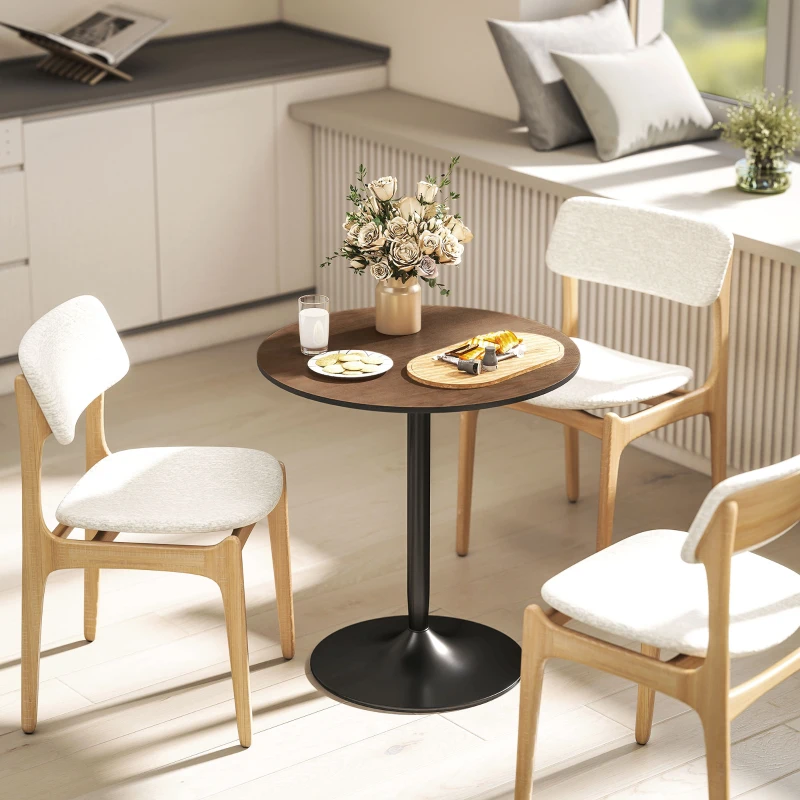 HOMCOM Mesa de comedor redonda 70 cm para 2 personas con tapa de chapado de madera maciza y base de acero marrón