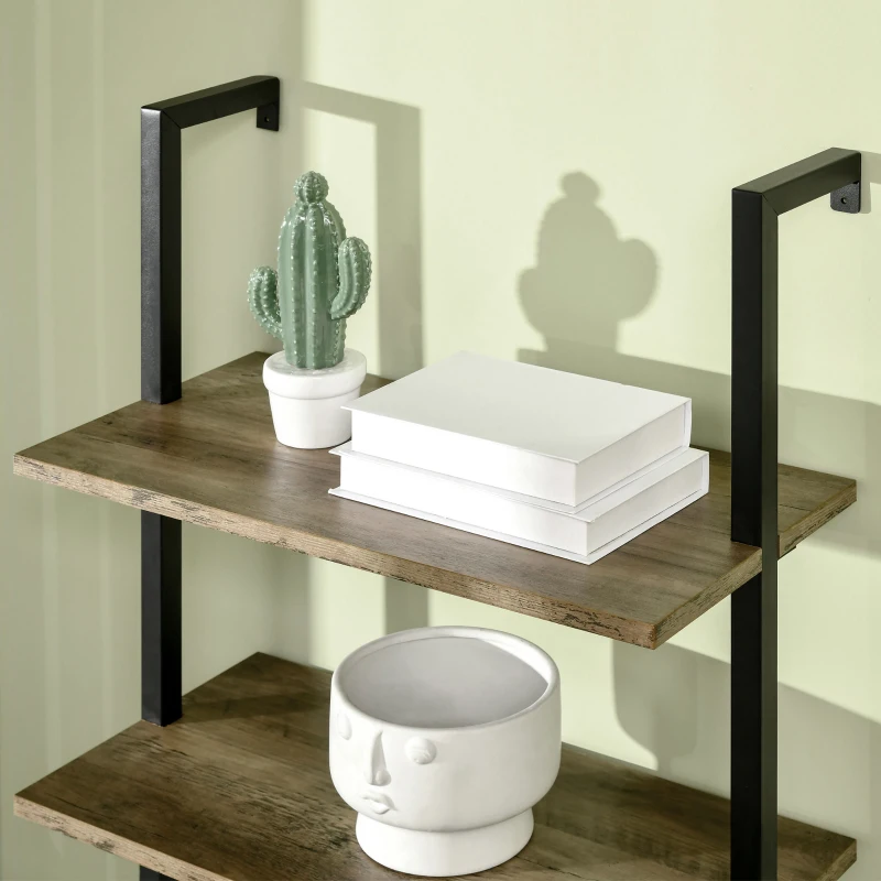 HOMCOM Bibliothèque à Échelle avec 5 Étagères en Style Industriel en Bois et Métal, 60x30x184,5cm, Marron