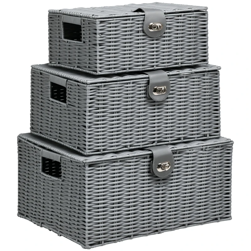 HOMCOM Set di 3 Cesti in Vimini PP con Coperchio di Diverse Dimensioni, Grigio