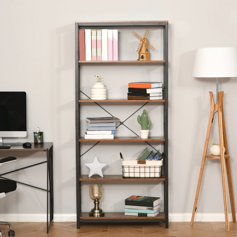 HOMCOM Bibliothèque Verticale de Style Industriel Vintage, Étagère Gain de Place avec 6 Étagères en Bois et Métal Noir, 80x30x180cm