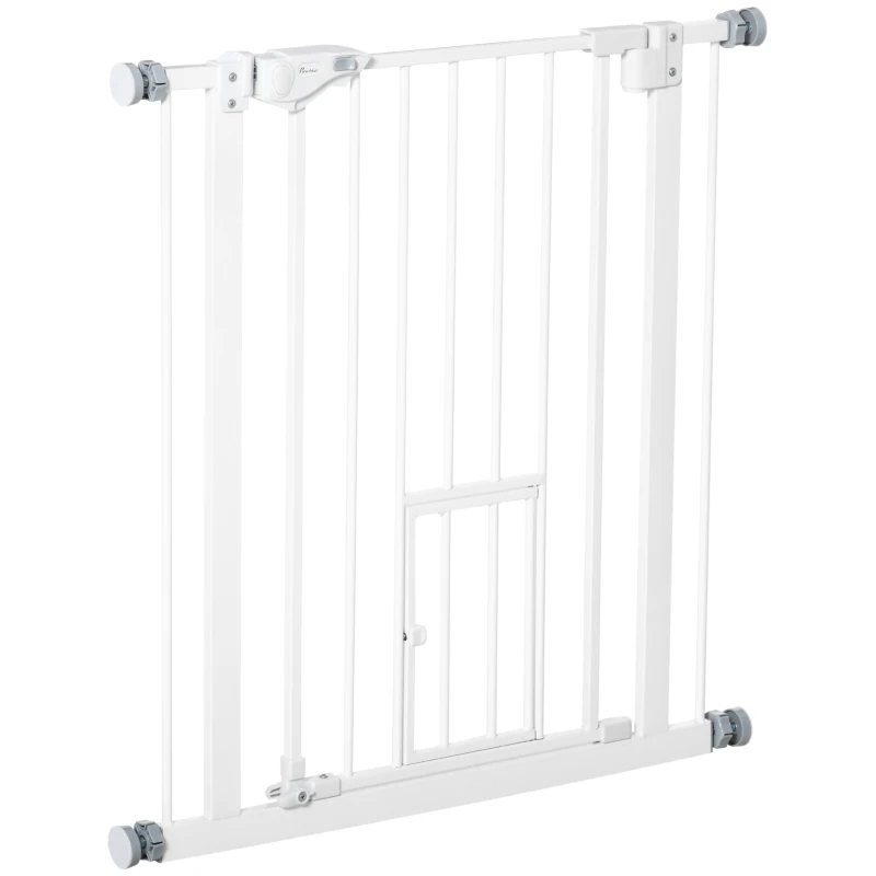 PawHut Barrière pour Chiens avec Petite Porte, Montage sur Pression et Fermeture Automatique, 74-80x76.2cm, Blanc