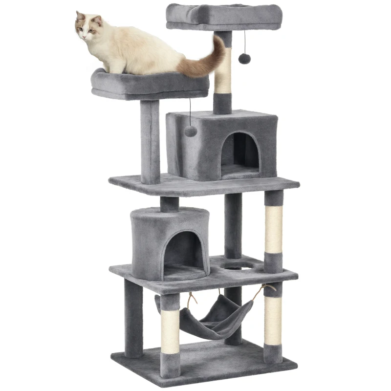 PawHut Arbre à chats multi-équipements griffoirs grattoirs plateformes niches hamac paniers jouets suspendus dim. 60L x 50l x 145H cm gris foncé