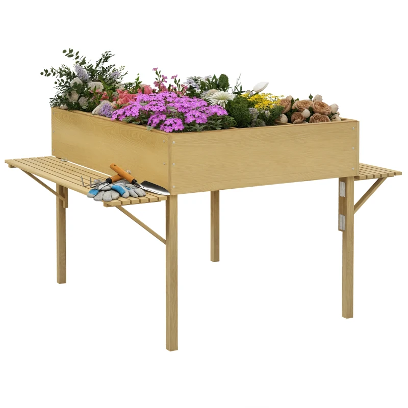 Outsunny Strat de Grădină Înălțat cu 12 Grile, Jardinieră Înălțată din Lemn cu Rafturi Laterale Pliabile, 122x91,5x89 cm, Lemn Natural